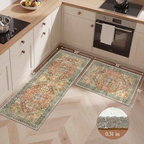 GENIMO Kitchen Rugs Set of 2, Washable Non Slip Cushioned Mats for Floor | 20"x32"&20"x48", Retrobrick vintage boho rug, soft faux cashmere, low pile, easy-clean for laundry, entryway, sink, farmhouse - color: Retrobrick, size: 20"x32"+20"x48"