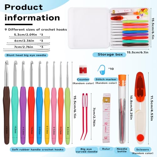 Mayboos 9 Sizes Crochet Hook Set 2.0mm~6.0mm 34 Pack Crochet Hooks | Knitting Needles with Ergonomic Handles Crochet Kit for Beginners with for Crocheters Beginners - size: 9 Sizes