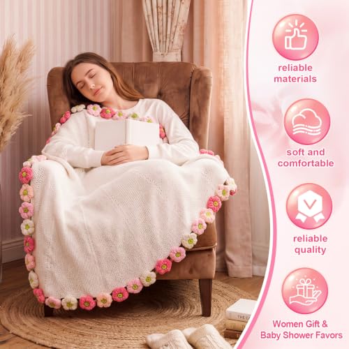 WovWeave Daisy Gifts Basket Set - 43.31 Inch Finished Flower Crochet Knitted Blanket Gift Bag Card Envelope Blanket for Her Mom Girlfriend Women Birthday Wedding Gifts Ideas - color: Pink White, size: 43.31 Inch, style: Daisy