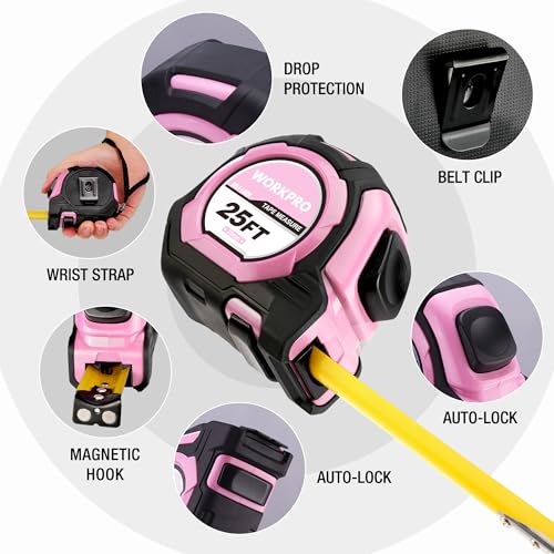 WORKPRO Pink Auto-Lock Tape Measure, 25FT 1/8 Fractions Measuring Tape | Double Retract Measurement Tape Accuracy 1/32 for Engineer,with Magnetic Hook, Rubber Protective Casing - Pink Ribbon - color: Pink, size: 25FT