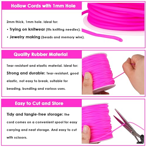 Hollow Rubber Tube Cord 54 Yards 2mm Camellia Stitch Keeper with 1mm Hole | Tubing Knitting Barber Cord Rubber Saver Hollow Rubber Pipe with Spool for Knitting Projects Jewelry Making Bead Creations - color: Camellia