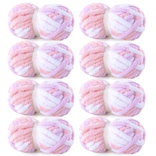 HOMBYS Pink,Purple,White Chunky Chenille Yarn for Hand Knitting,Fluffy Soft Jumbo Yarn Crocheting,Super Bulky Big Yarn for Chunky Blanket,Large Thick Arm Knitting Yarn,8 Pack Plush Yarn - color: Pink,Purple,White