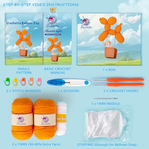 Crochetta Crochet Kit for Beginners, Crochet Kit w Step-by-Step Video Tutorials, Crochet Starter Kit Learn to Crochet Kits for Adults Kids Beginners, Vibrant Orange Balloon Dog (40%+ Yarn Content) - color: CrochetBalloonDog