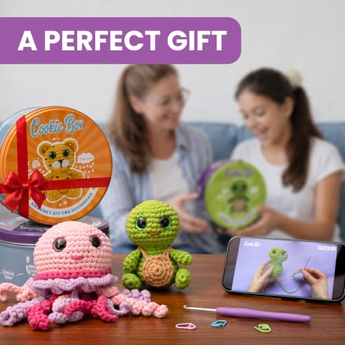 Cookie Box Crochet Kit for Beginners, Turtle Hugo | All Materials Included, Step-by-Step Video Tutorials, PDF Patterns, Easy DIY Craft, Amigurumi and Knitting Gift Set - color: Green