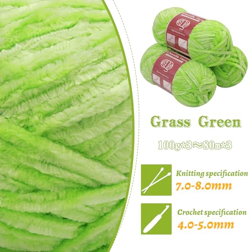 LUNARM Chenille Yarn 3 Pack 3.5oz Chunky Blanket Velvet Yarn 263 Yard | Grass Green Chunky Chenille Yarn for Beginners Crocheting Hand Knitting Scarves with Big Eye Needles Machine Washable - color: Grass Green