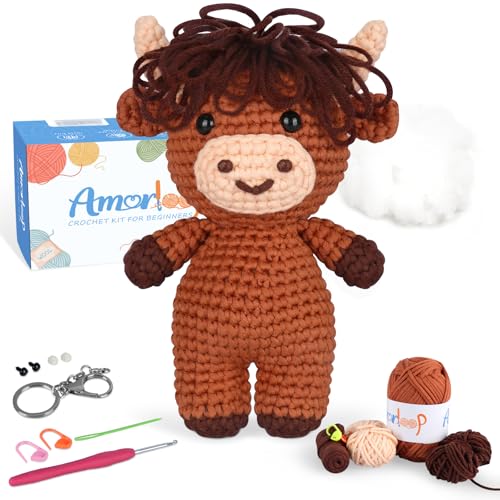 Crochet Kit for Beginners – Easy-to-See Stitches Yarn, Pre-Started Piece, and Step-by-Step Video Tutorials | Starter Crochet Set with Cute Animal Pattern – Original Handmade Highland Cow Pattern - color: Highland Cow