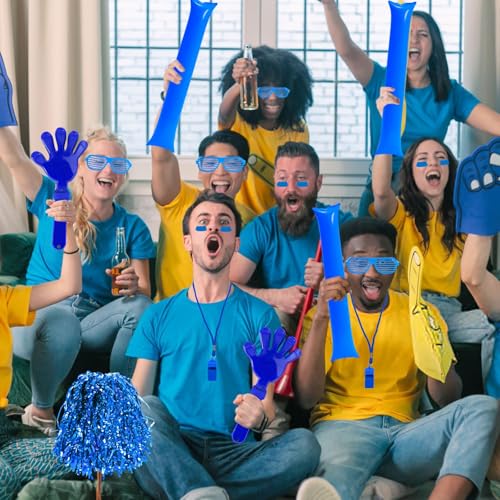 148 Pcs Team Spirit Accessories,Cheerleading Pom Poms Hand Clappers Noisemakers Whistles Shutter Glasses Eye Black Sticker for Sports Events Football Baseball School - color: Blue