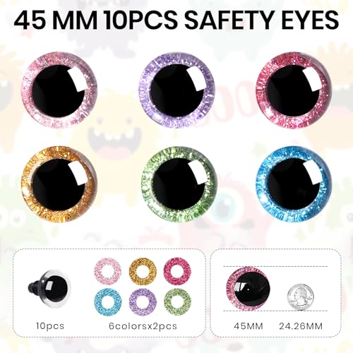 MUCUNNIA 10pcs 45mm 3D Glitter Plastic Safety Eyes for Amigurumi Trapezoid Craft Crochet Doll Eyes with Washers Stuffed Animal Eyes for DIY of Puppet, Bear Animal Halloween Decorations(6 Colors) - size: 45mm