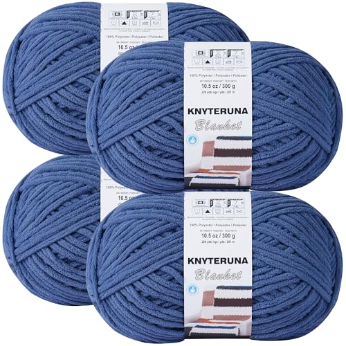 #6 Super Bulky Blanket Yarn for Crocheting - 4 Skeins(Each 10.5oz/300g, 220yds/201m), Chunky Chenille Thick Plush Big Soft Yarn for Crocheting Knitting Blankets, Country Blue - color: Country Blue