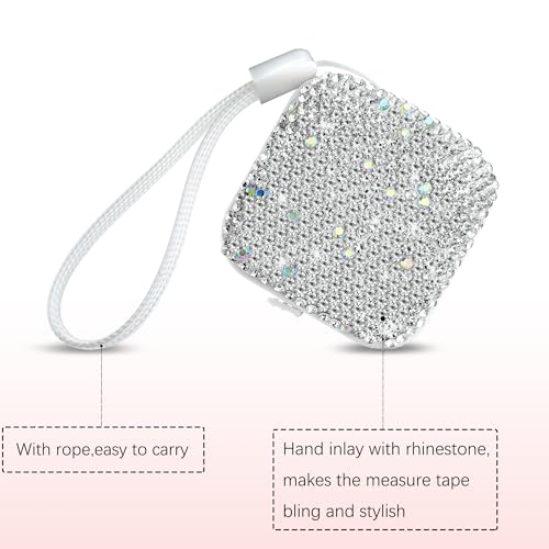 SlowVibes Bling White Diamond Retractable Body Measuring Tape, 60 Inch | Dual-sided vinyl cloth tape with rope for waist, fabric,body measurements, sewing, tailor,knitting, weight loss - color: White