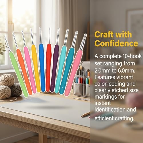 9 Pcs Ergonomic Crochet Hook Set, Soft Comfort Grip Handles, Smooth Knitting Needles for Beginner & Experienced Crocheters, Easy DIY Craft Tools