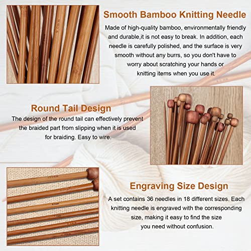 Aeelike 18 Pairs Bamboo Knitting Needles Set, 2mm-8mm Wood Needle, Type A | 10 Inch Wooden Knitting Needles Single Point with Roll Bag, Complete Smooth Needle Set for Socks Sweater Scarves, Ideal Gift - color: Color A, size: 25 cm