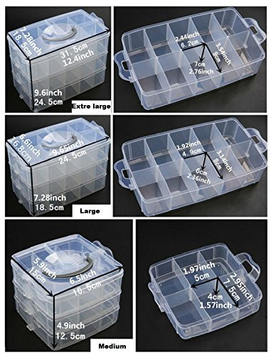 Kamay's Medium 3 Tier Stackable Adjustable Compartment Slot Bead Craft Jewellery Tool Storage Organiser Snap-lock Tray Container, with 18 Compartments, Container Box Blue - style: Medium 3 Tier 18 Compartments Blue