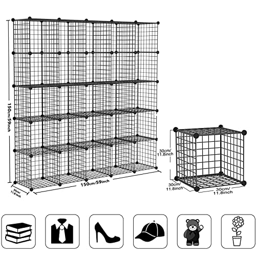 Wire Cube Storage Organizer, 25-Cube Modular Mental Grids Bookshelf, DIY Stackable Closet Cabinet for Bedroom Living Room, Office, Iron - color: Iron, size: 25 Cubes