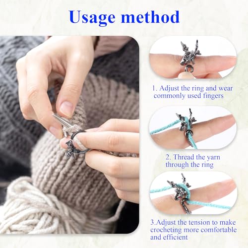 HUISUYTON Dragon Crochet Tension Ring for Finger, 4Pcs (Black) | Lefties & Righties Crochet Rings with Storage Box, Yarn Guide Ring for Crocheters Knitters Mom Grandma Gifts - color: Black