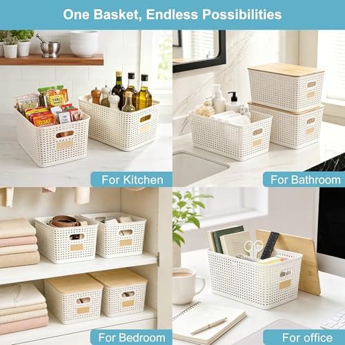 Bagnizer 2 Pack Tall Plastic Storage Bins with Bamboo Lids, 10.8qt Stackable Storages Baskets for Organizing Desktop Closet Playroom Classroom Office, 12"L x 8.3"W x 6.1"H, Cream White - color: Cream White, size: Tall- 2 Pack