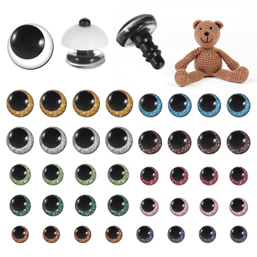HJZHII 120Pcs 3D Glitter Eyes for Amigurumi, 12-20 mm Plastic Safety Eyes for Crocheting with Washers Craft Crochet Doll Eye for Plush Stuffed Animals DIY Gifts Doll Decorations