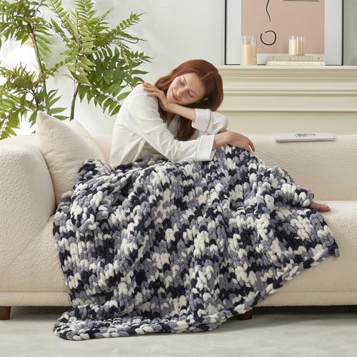 Chenille Chunky Knit Throw Blanket for Couch 50"x60", Space-Dyed Black | Handmade Chenille Crochet Throw for Sofa Bed, Thick Cable Knitted Blankets for Room Home Decor, Birthday Gift for Women - color: Black&white, size: 50"x60"