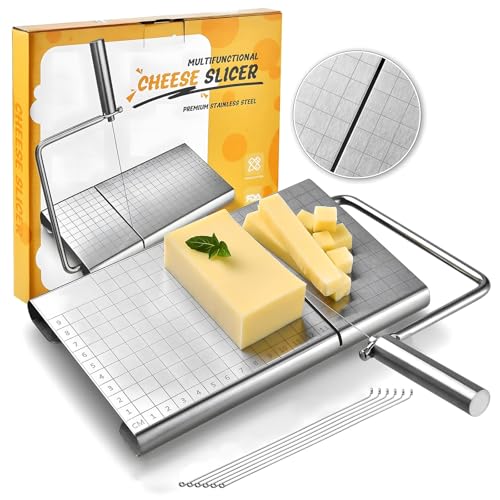 Cheese Slicer with Measuring Grid, Stainless Steelasy | Metal Cheese Cutting Board for Block Cheese, 5 Replacement Extra Wires, Easy Replacement, Easy to Clean, Dishwasher Safe