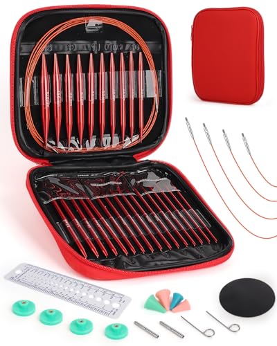 Aeelike 13 Pair Interchangeable Circular Knitting Needles Set 3-10 mm, Red | Aluminum Interchangeable Knitting Needles with 4 Cables, Smooth Complete Needles Set for Socks Blankets Sweaters, Ideal Gift - color: Shinny Red