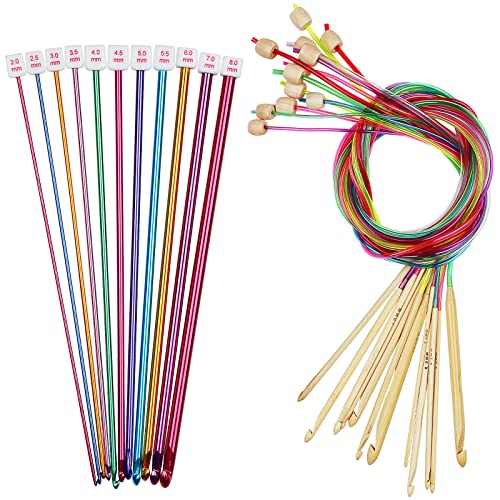 Coopay 23 PCS Tunisian Crochet Hooks Set, Complete Crochet Needles Set | 11 PCS 2.0-8.0mm Metal Long Crochet Hooks and 12 PCS 3.0-10.0mm Carbonized Bamboo Afghan Crochet Needles with Cable - color: Mixed Metal & Bamboo Set With Cable