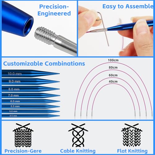 Interchangeable Circular Knitting Needles Set, 13 Pairs (26pcs) Aluminum Knitting Needles Kit, Sizes 3.0mm-10.0mm, Knitting Needle Case & Accessories, for Knitting Projects, Beginners & Advanced - color: Blue