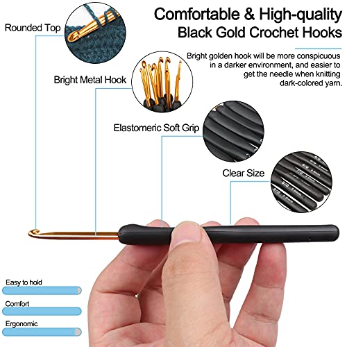 Coopay Black Gold Crochet Hooks, Soft Crochet Hook Set for Arthritic Hands | 2.0-6.0mm Crochet Needles Ergonomic Soft Grips Knitting Hook for Crochet Yarn Craft, Aluminum Crocheting for Knitter Gifts - color: Black Gold