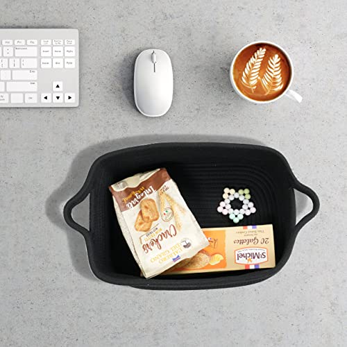 XUANGUO Medium Woven Cotton Rope Storage Basket with Handles, Black | Small decorative rectangle storage bin for baby nursery items and cat toys; ideal as an empty gift basket or dog toy basket - color: black