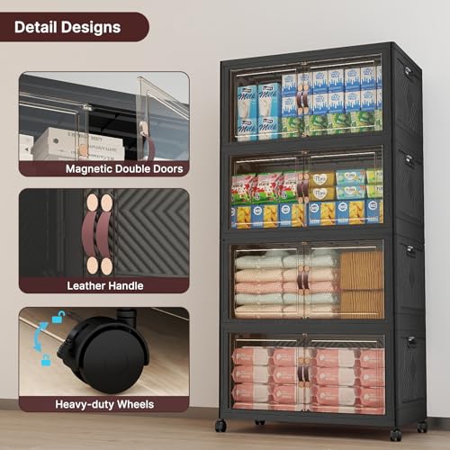 UAMFURI Stackable Storage Bins with Lids, 480QT Lockable Storage Cabinet | Folding Storage Box with Doors and Wheels, Collapsible Plastic Drawers for Home, Garage, Office - color: Black, size: Large