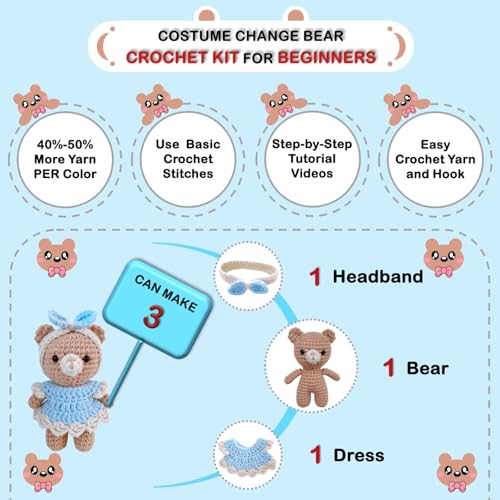 LoopMap Amigurumi Crochet Kit for Beginners with Removable Dress & Video Tutorials, DIY Bear Making Kit Includes Premium Yarn & Tools, Creative Gift for Adults Teens (Blue) - color: blue, style: Bear K01