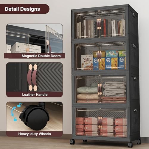 UAMFURI Stackable Storage Bins with Lids, 192QT Lockable Storage Cabinet | Folding Storage Box with Doors and Wheels, Collapsible Plastic Drawers for Home, Garage, Office - color: Black, size: Medium