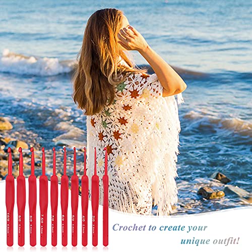 Coopay Red Crochet Hooks, Soft Crochet Hook Set for Arthritic Hands | 9pcs 2.0-6.0mm Soft Touch Crochet Needles Ergonomic Soft Grips for Beginners/Professionals, Exquisite Crocheter Gifts - color: Red