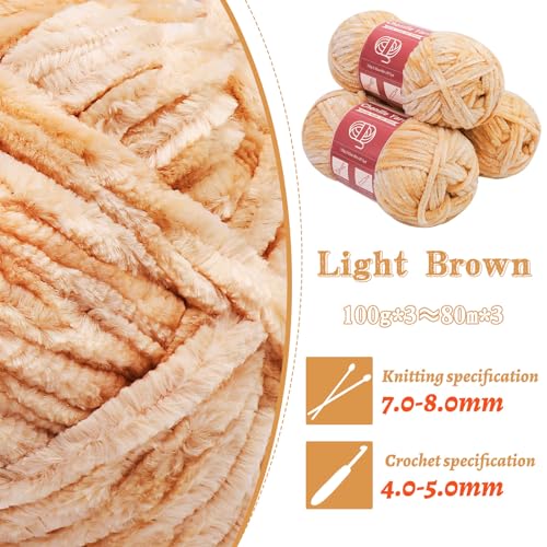 LUNARM Chenille Yarn 3 Pack 3.5oz Chunky Blanket Velvet Yarn 263 Yard | Light Brown Chunky Chenille Yarn for Beginners Crocheting Hand Knitting Scarves with Big Eye Needles Machine Washable - color: Light Brown