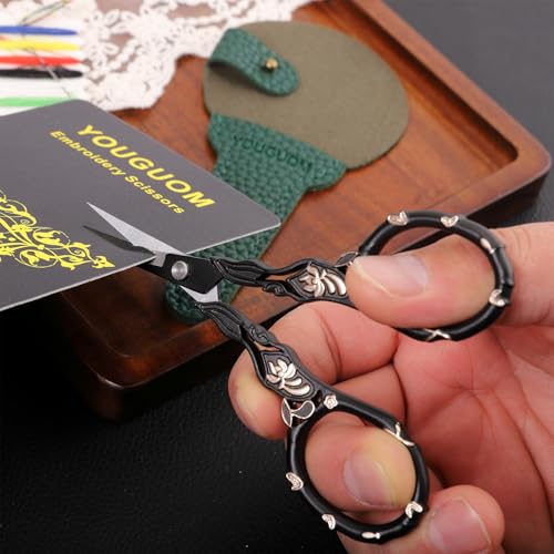 YOUGUOM Sewing Embroidery Scissors with Cover, Crochet Snips | Small, Sharp, Precision, Left/Right Handed, DIY Tool Kit, for Craft, Needlework, Cross Stitch, Yarn, Detail, Threading, Black - color: Golden Black