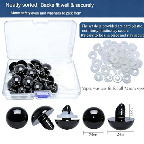 Thalinfayi 24mm Solid-Black Safety Eyes Craft Eyes for Amigurumi Crocheting | 60pcs Plastic Crochet Eyes and Washers for DIY Stuffed Plush Animals & Handmade Crafts ,Gloosy Smooth Surface, Even Color - size: 24mm