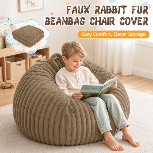 Bean Bag Cover No Filler Stuffed Animal Storage Bean Bag Chair Cover | Soft Faux Rabbit Fur,Non-Slip Bottom,Durable Zipper,Fill with Plush Toys or Blankets,for Adults Teens Kids Girls,Brown - color: Brown (Cover Only), size: Small(28''x28''x32'')