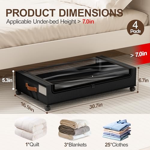 LAMU Under Bed Storage with Wheels, 4Pack Underbed Storage Containers,Black | Smooth-rolling Wheels, Clear Lid & Label, Sturdy Metal Frame, Easy Install, Rolling Storage Drawers for Clothes, Shoes, Toys - color: Black, size: 4 Pack