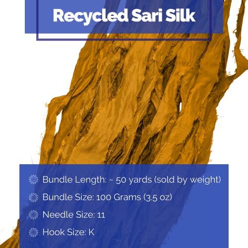 100% Recycled Saree (Sari) Silk Ribbon Yarn - Bulky Weight - 50 Yards per 100 Grams | Knitting & Crocheting | Jewelry Making, Gift Wrapping and Weaving (Harvest Gold) - color: Harvest Gold