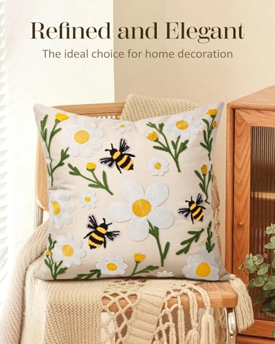 Embroidered Throw Pillow Cover 18x18 Inch, Flower Bee | Decorative Pillow Cover, Floral Farmhouse Cushion Case with Hidden Zipper, Home Decor for Couch, Sofa, Living Room, Bedroom - color: Flower Bee, size: 18" x 18" (Pack of 1)