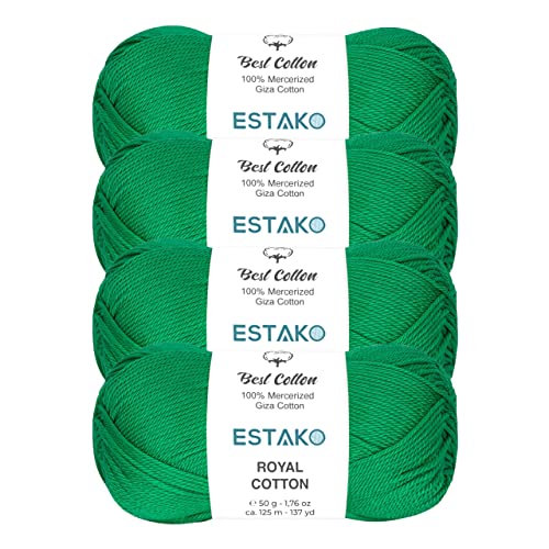 Estako Royal Cotton, 100% Mercerized Giza Cotton Yarn, Green, 4-Pack | soft, silky sheen, super fine, fingering 1, sock weight, 200 g, 548 yds, baby clothes, summer tops - color: 5060 - Green, size: 4 Skeins