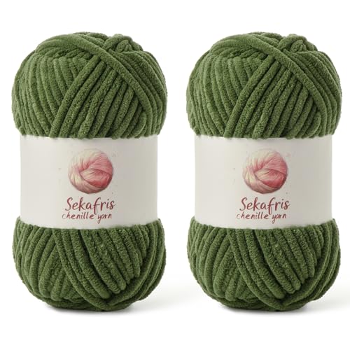 2 Pack Chunky Chenille Yarn for Crocheting, Baby Yarn for Crocheting Soft Blanket, 174.9 yds /7 oz Crochet Yarn, Bulky 5 Amigurumi Yarns, Fluffy Velvet Yarns for Knitting Crafts (2 Army Green) - color: 2 Army Green