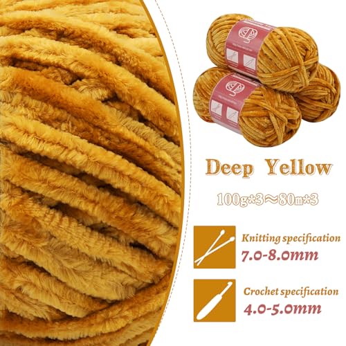 LUNARM Chenille Yarn 3 Pack 3.5oz Chunky Blanket Velvet Yarn 263 Yard | Deep Yellow Chunky Chenille Yarn for Beginners Crocheting Hand Knitting Scarves with Big Eye Needles Machine Washable - color: Deep Yellow