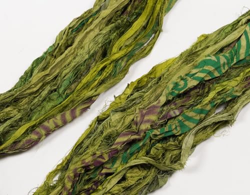 Artisan Recycled Sari Silk Ribbon Yarn - 300g (3 x 100g Skeins) | Handmade Upcycled Silk Strips for Crochet, Macramé, Weaving, Rug Hooking & Mixed Media Crafts | Green - color: Green