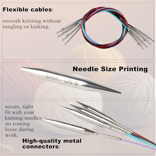 Svartur 2 inch Interchangeable Circular Knitting Needles, Stainless Steel Shorties Interchangeable Knitting Needles with 4 Assorted Cables, Storage case - color: Stainless Steel-2in-9 Pairs