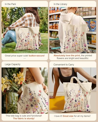 Miss Adola Aesthetic Tote Bag for Girls - with Magnetic Buckle and Zipper Inner Pocket for Women Lady Canvas Cotton Tote Bag - color: Purple Flower