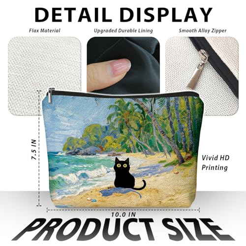 Coastal Beach Black Cat Makeup Bag, Kitty Cosmetic Zipper Travel Toiletry Bag for Traveling Women, Cute Black Cat Gifts for Women & Teen Girls, Cats Gifts Lovers - color: 02-Cat(08)-Coastal Beach
