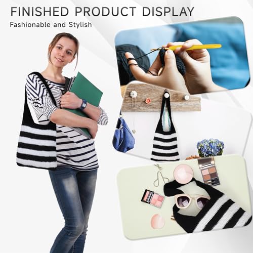 Katech Crochet Kit for Beginners w/Striped Tote Bag 3-1 Crochet Book Black | Crochet Starter Kits for Adults Includes Yarn Crochets Hooks Accessories Knitting Kit Crafts for Adults Holiday Gift - color: Black White