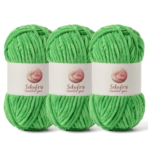 3 Pack Chunky Chenille Yarn for Crocheting, Baby Yarn for Crocheting Soft Blanket, 262.4 yds /10.5 oz Crochet Yarn, Bulky 5 Amigurumi Yarns, Fluffy Velvet Yarns for Knitting Crafts (3 Christmas Green) - color: 3 Christmas Green