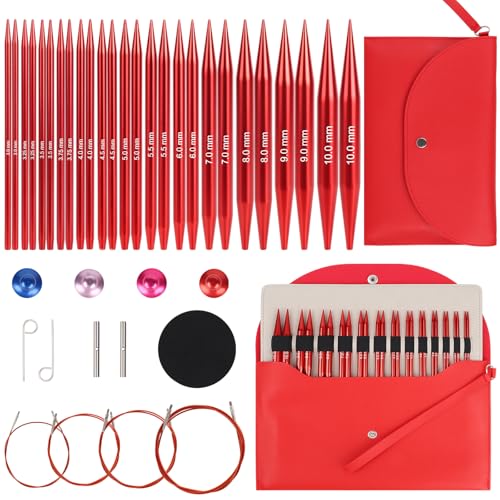 Aeelike 13 Pairs Interchangeable Knitting Needles Set 3-10.0mm, Cherry Red | Aluminum Interchangeable Knitting Needles with 4 Cables, Smooth Complete Needles Set for Socks Blankets Sweaters, Ideal Gift - color: Cherry Red