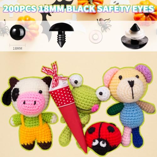 MUCUNNIA 400pcs 18mm Black Safety Eyes with Washers for Crochet Amigurumi | Plastic Craft Eyes for Teddy Bear, Amigurumi Doll, Stuffed Animal, DIY Crafts Making Supplies,Holiday Decorations - size: 18mm